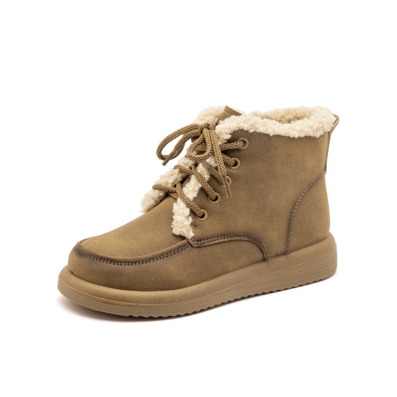 Botas de nieve de felpa con cordones, zapatos planos de forro polar cálidos de invierno para mujer, botines casuales de moda