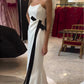 Strapless Black And White Contrasting Slit Dress