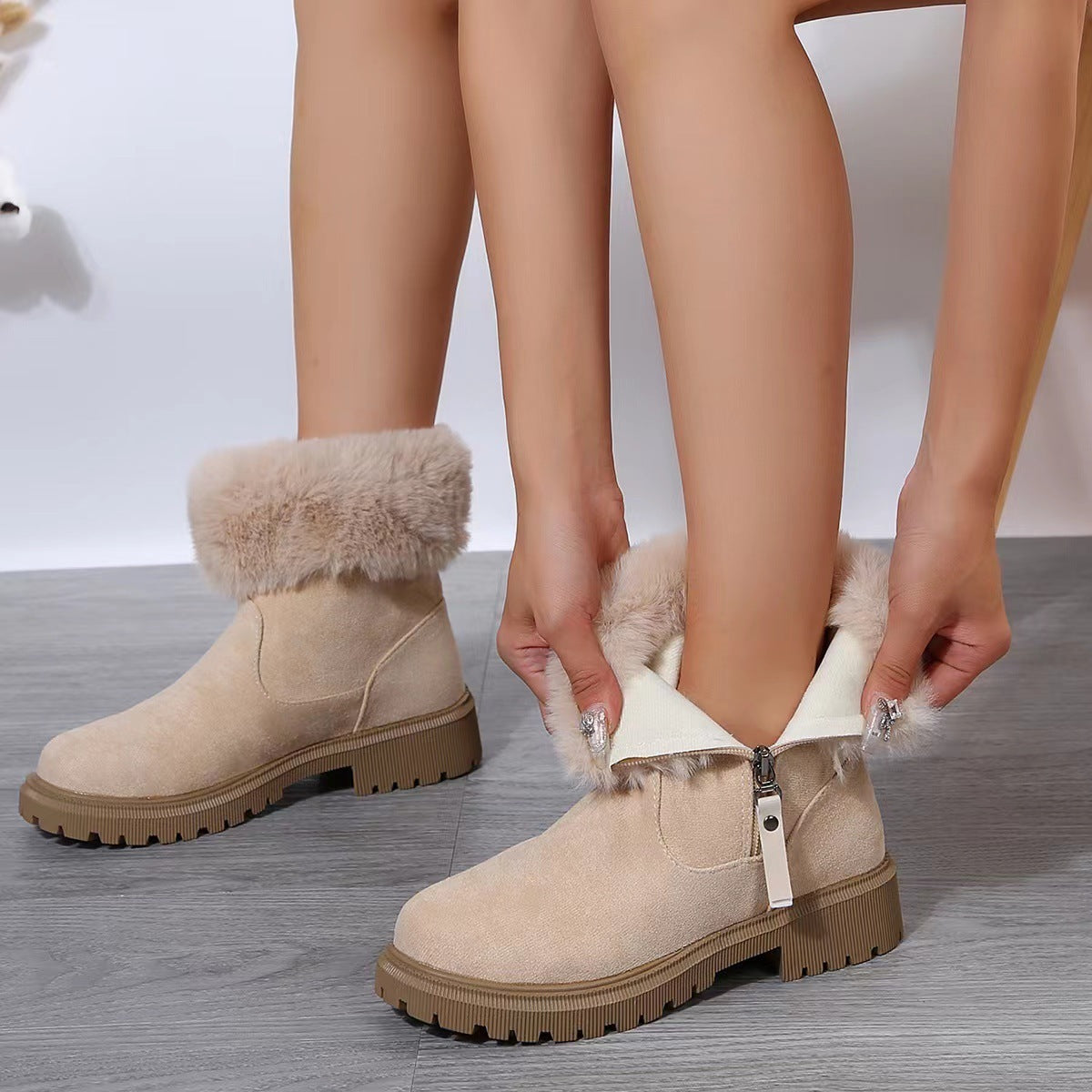 Botas de felpa cálidas, botas de nieve con cremallera lateral a la moda de invierno para mujer, zapatos de tacón bajo gruesos para exteriores
