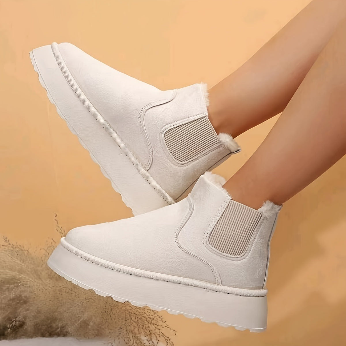 Winter-Schneestiefel, modische flache Baumwollschuhe mit dicken Sohlen, runde Zehenpartie, warme Plüsch-Stiefelette für Damen
