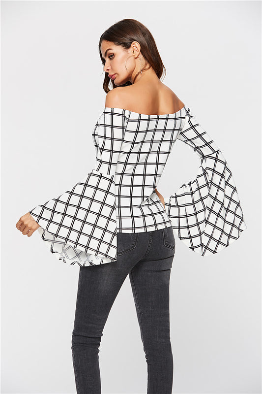 Off-The-Shoulder Word Neck Flared Sleeve Loose Women Long-Sleeved T-Shirt