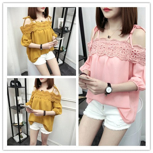 One Line Collar Off Shoulder Chiffon Shirt Women''s Korean Style