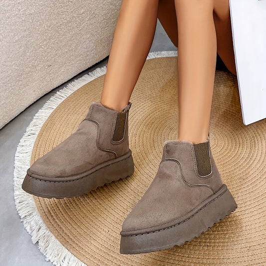 Winter-Schneestiefel, modische flache Baumwollschuhe mit dicken Sohlen, runde Zehenpartie, warme Plüsch-Stiefelette für Damen