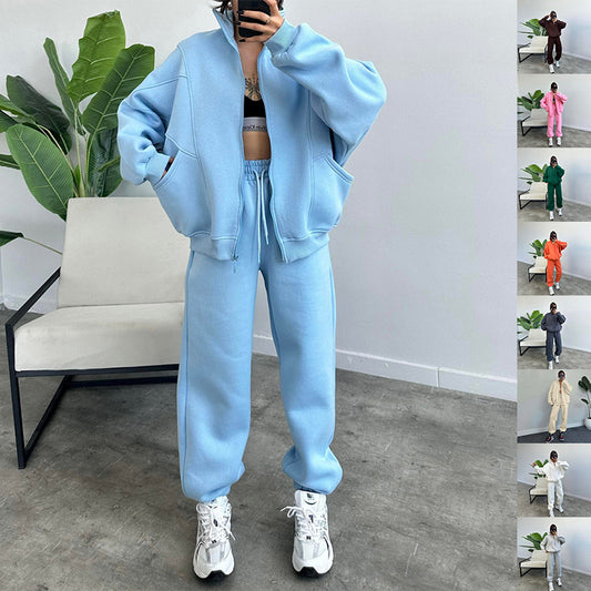 Sports Suits With Pockets Stand-up Collar Zipper Cardigan And Drawstring